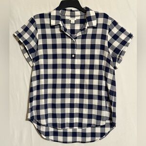 J. Crew Navy and White Plaid Short Sleeve Top Size Large